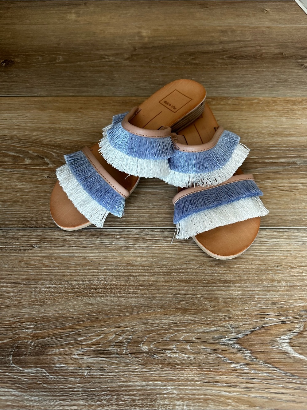 Dolce Vita Blue & White Fringe Slide Sandals